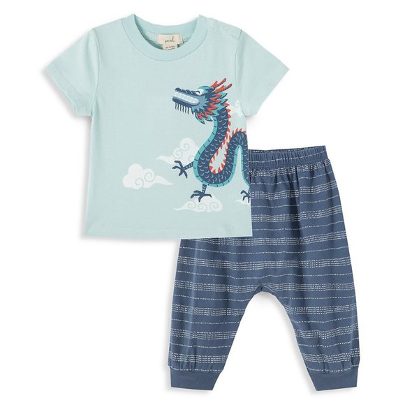 NEW Peek Baby Andre Dragon Print Light Dark Blue T-Shirt & Pants Set Stripe Dot - Picture 1 of 4